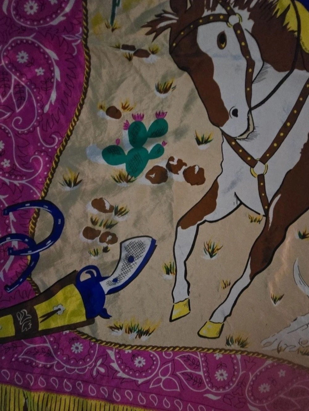 Vintage Bob Mackie Wearable Art Bronco Billy Western Silk Scarf Pink & Blue - Picture 8 of 9